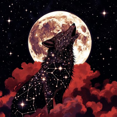 Wolf howling at the moon with stars