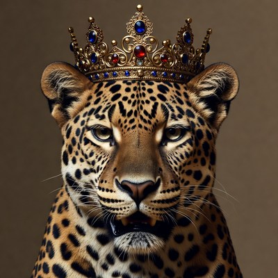 Leopard wearing a crown in studio