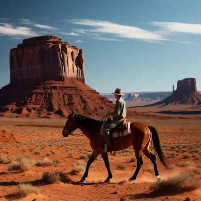 Cowboy riding horse in desert landscape