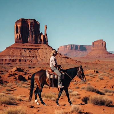 Cowboy rides horse in desert landscape