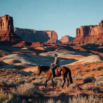 Cowboy riding horse in desert landscape