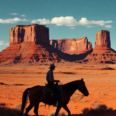 Cowboy riding horse in monument valley