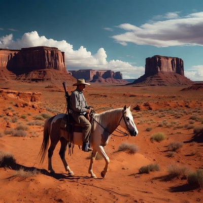 Cowboy rides horse in desert landscape