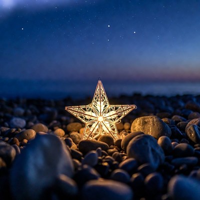 Star decoration on rocky beach at night