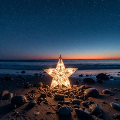 Star decoration on the beach at sunset