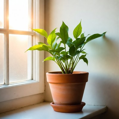 Plant on windowsill with sunlight