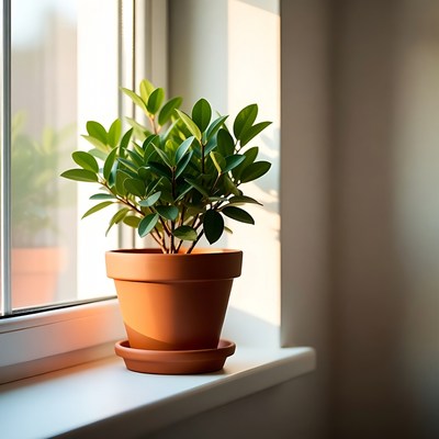 Potted plant by a window in sunlight