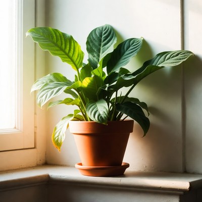 Green plant in pot by window