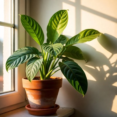 Plant by the window in evening light