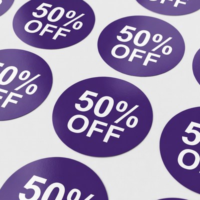 Discount stickers on a flat surface