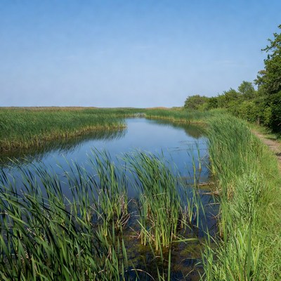 Waterway with tall grass on shore