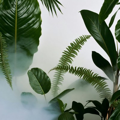 Lush green plants with fog in indoor setting