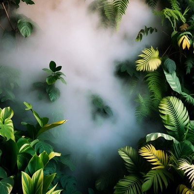 Fog in lush greenery scene