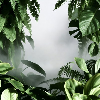Lush green foliage frame with fog