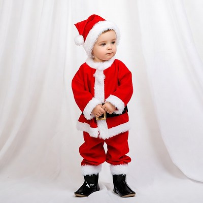 Child in santa suit stands still