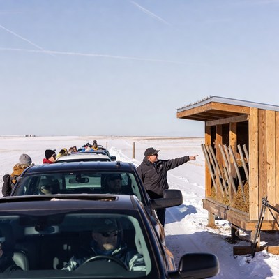 Tour group gathers in winter landscape