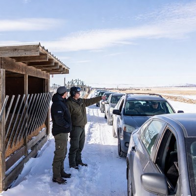 Vehicles lined up in snowy area