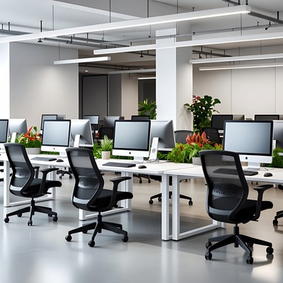 Modern office with plants and computers