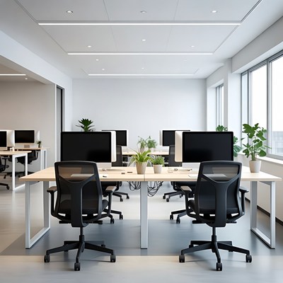 Modern office workspace with computers and plants