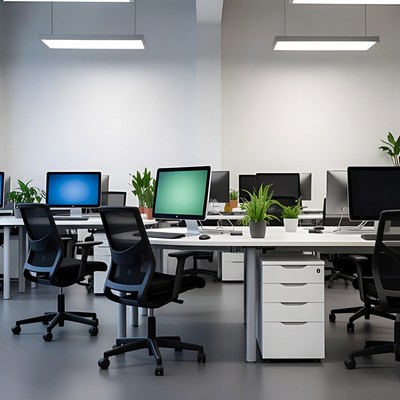 Modern office setup with computers and plants