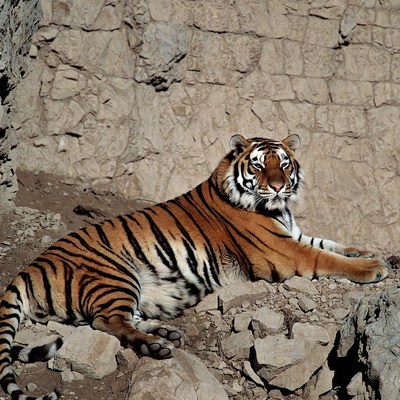Tiger resting on rocky ground