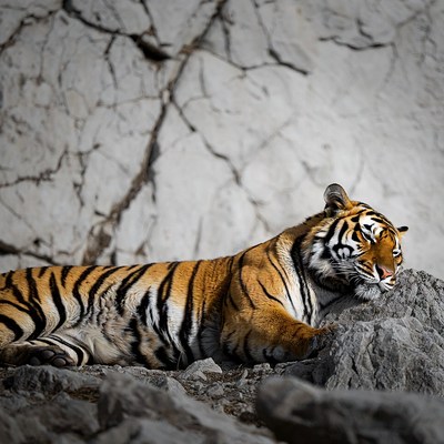 Tiger resting on rocky surface