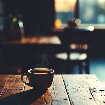 Warm cup on wooden table at sunset