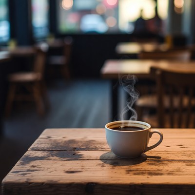 Coffee cup on wooden table in cafe