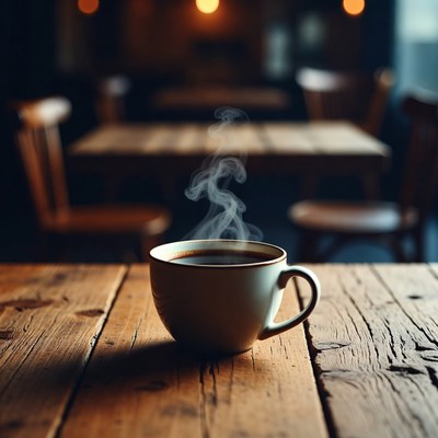 Warm coffee on wooden table in cafe