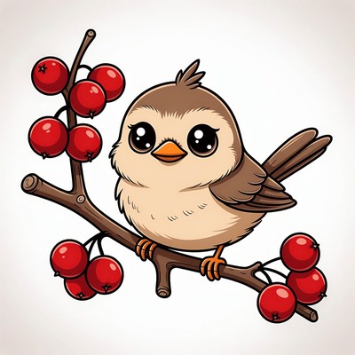 Cute bird on a branch with berries