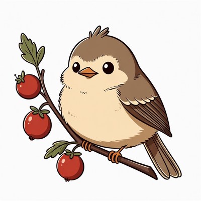 Bird perched on branch with red berries