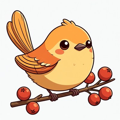 Cute bird on a branch with berries