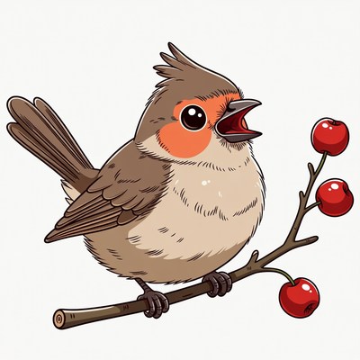 Bird singing on branch with berries