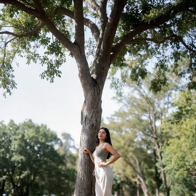 Woman standing by large tree