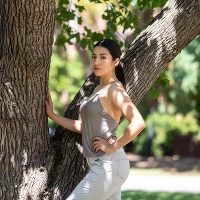 Woman standing by a tree