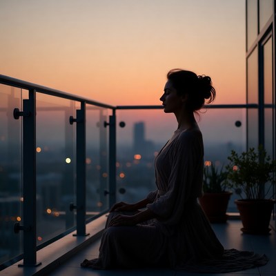 Meditation on balcony at sunset