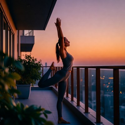 Yoga practice at sunset on a balcony