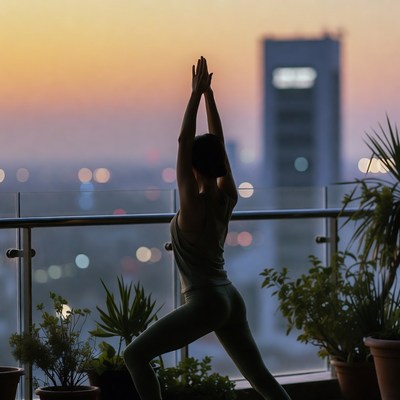 Yoga practice at sunset in city