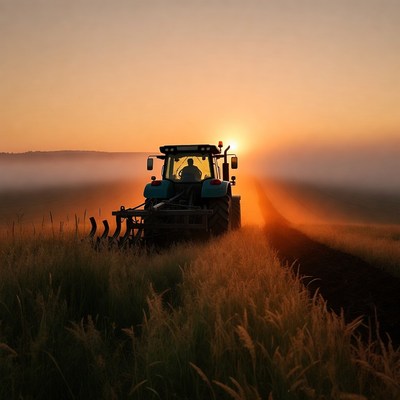 Tractor on field at sunrise