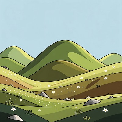 Green hills with flowers and rocks