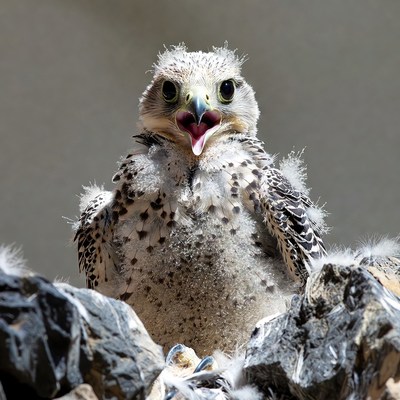 Young bird greets sunlight in rocky nest