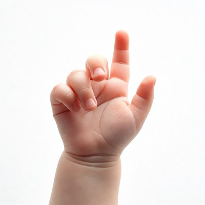 Child's hand pointing up at light