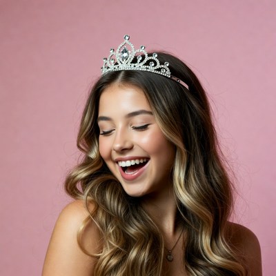 Girl in tiara beams on pink backdrop