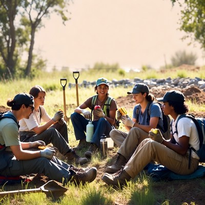 Group works together in nature setting