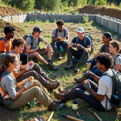 Group of workers take a break outdoors