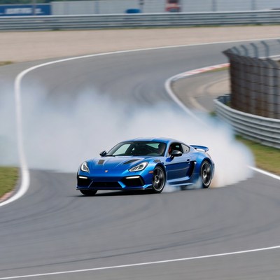 Car drifts on racetrack with smoke cloud
