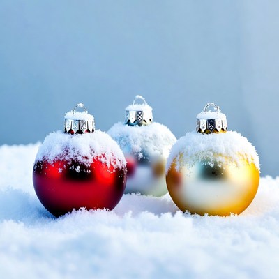 Snow-covered christmas ornaments on ground
