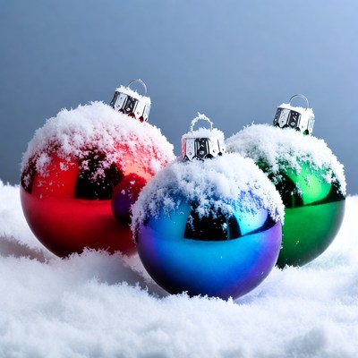 Colorful christmas ornaments in snow
