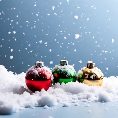 Christmas ornaments in falling snow