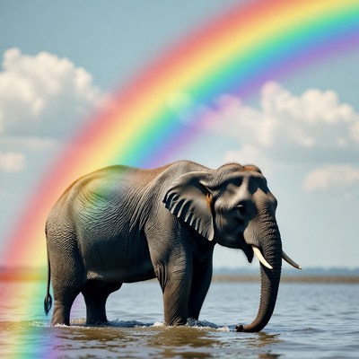 Elephant under a rainbow in water